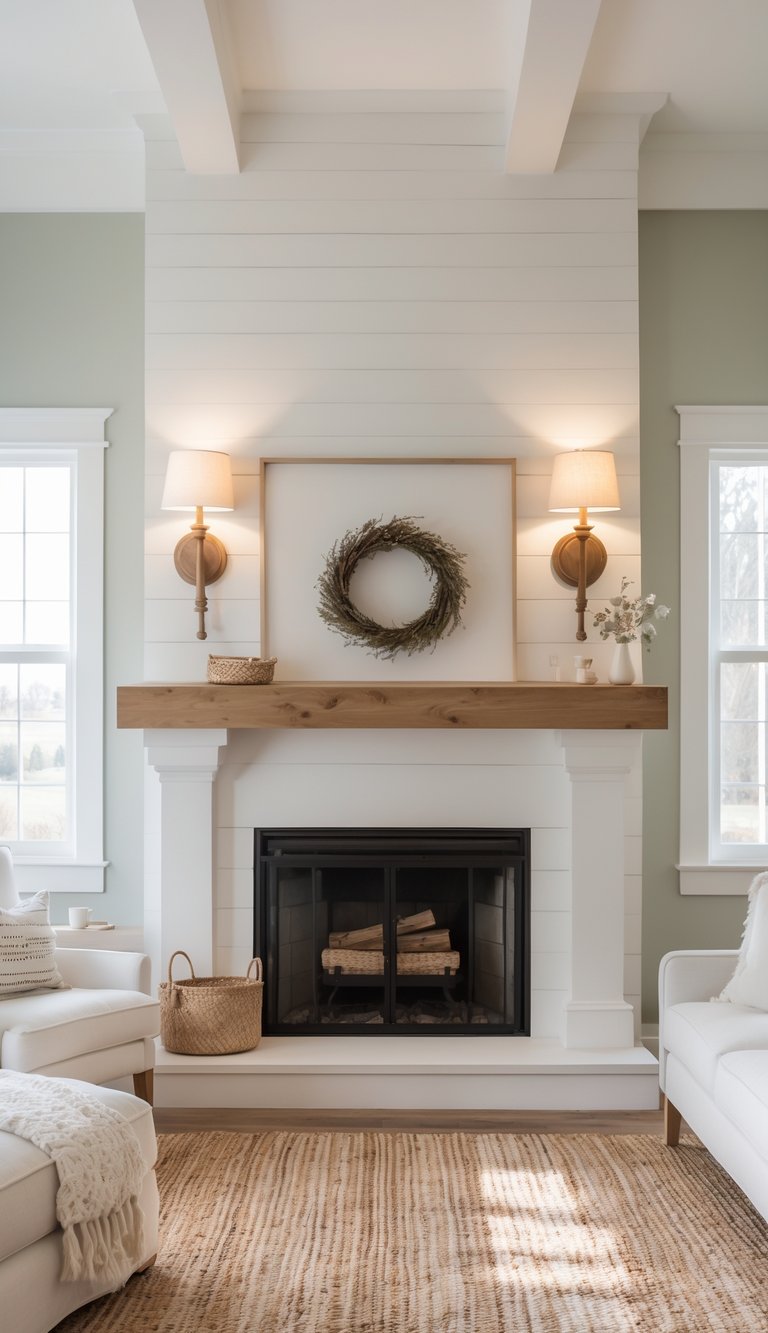 A well-lit room showing a fireplace mantel with bronze picture lights above it, surrounded by simple furniture and decor.