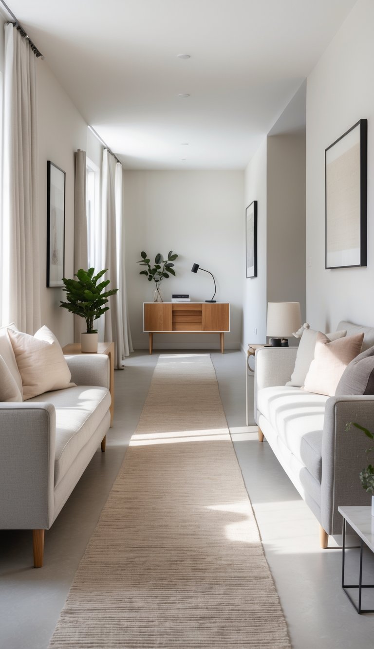 View of a long narrow living room with a sofa and a console table behind it, showing a clear walkway and bright natural light.
