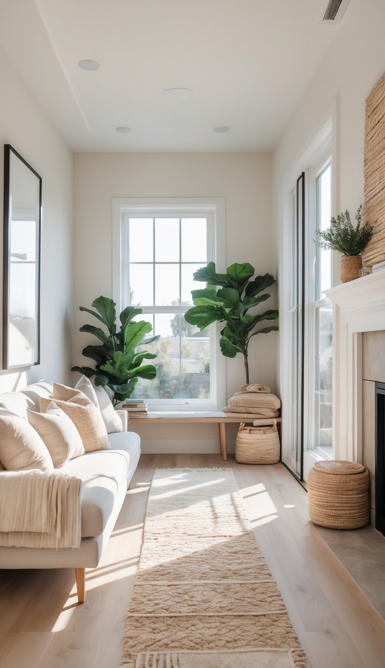 A long narrow living room with a clear side path, bright windows, furniture arranged to one side, and decorative accents creating a cozy atmosphere.