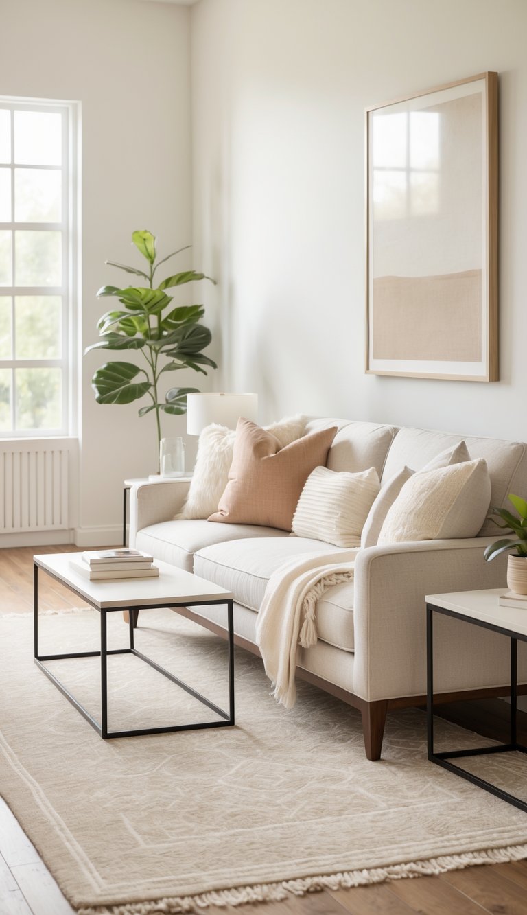 A bright narrow living room with a sofa, coffee table, rug, and natural light from large windows.