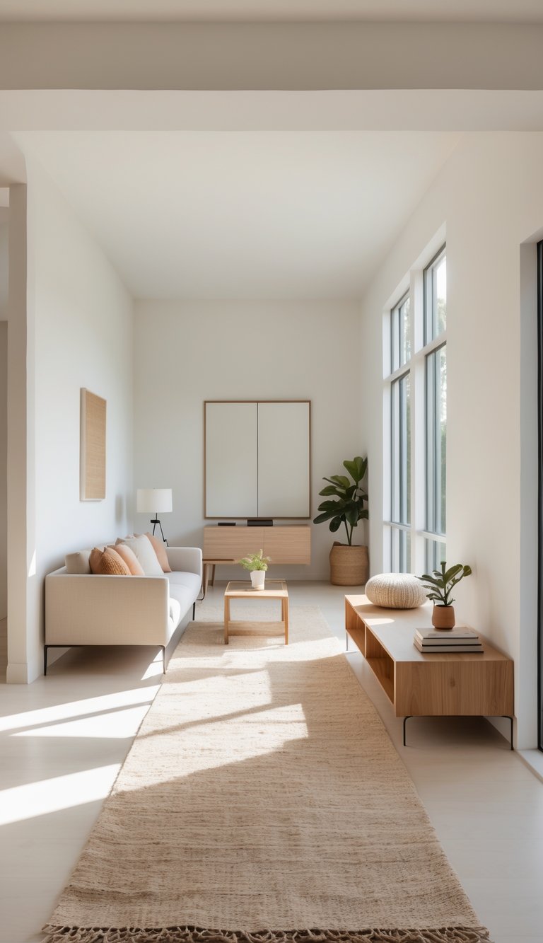 A bright, long narrow living room with open-leg furniture, a sofa, coffee table, area rug, and a potted plant by a large window.