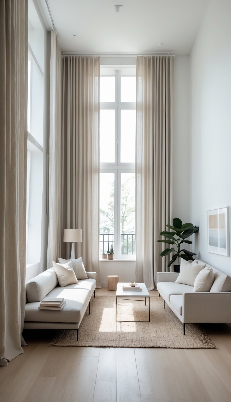 A bright, long narrow living room with tall linen curtains, a sofa, armchair, coffee table, and natural light from large windows.