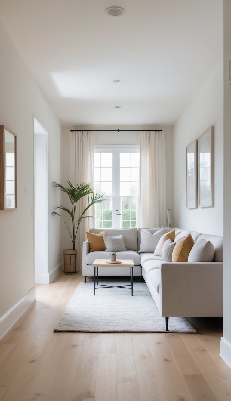 A bright long narrow living room with a sofa and coffee table arranged along one wall, featuring an open walkway and simple furniture.