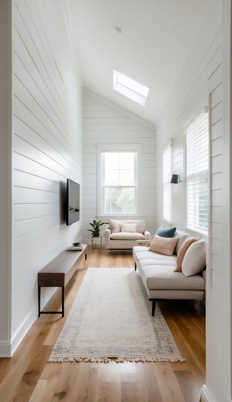 Bright, long narrow living room with white shiplap wall, simple furniture, and natural light filling the space.