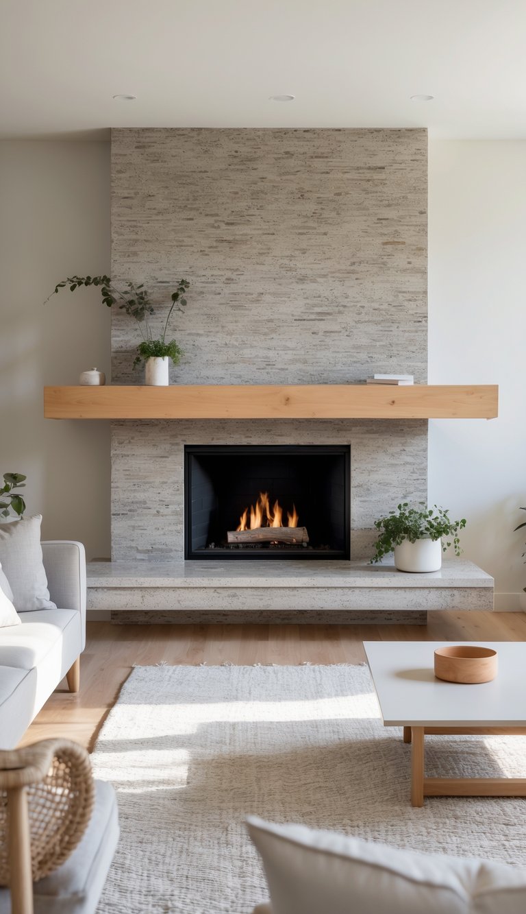 A bright living room with a stone fireplace and white wooden mantel, featuring a sofa, coffee table, and natural light filling the space.