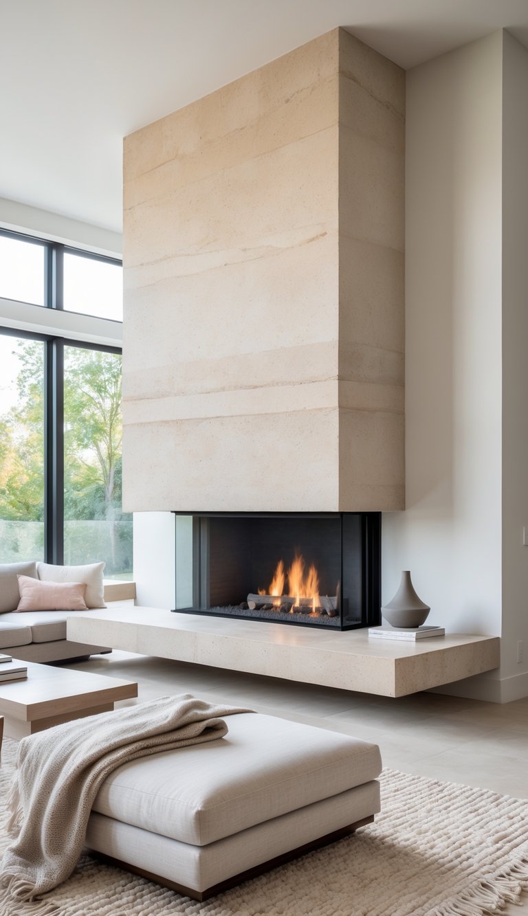 A bright living room with a smooth limestone fireplace and slab hearth, featuring a sofa, coffee table, and large windows letting in natural light.