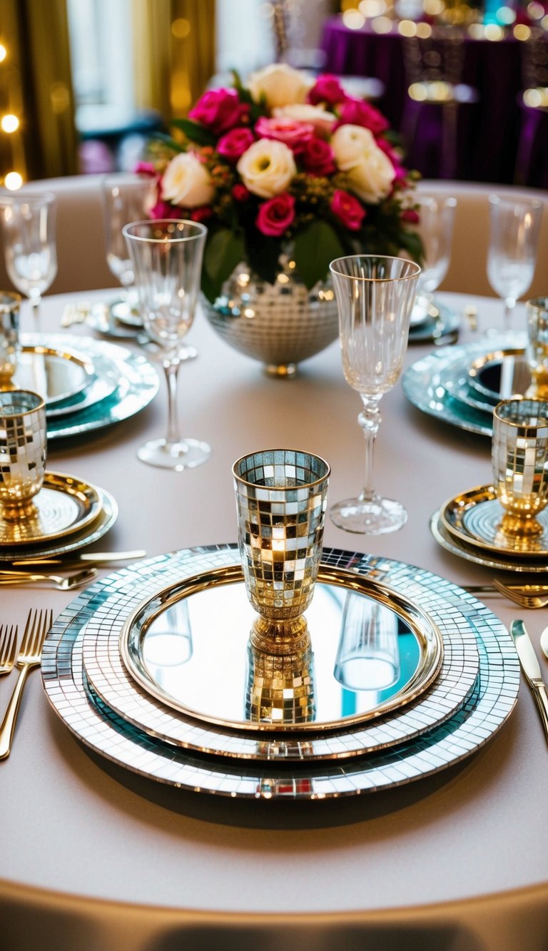 A dazzling disco tablescape with mirrored chargers and retro glamour