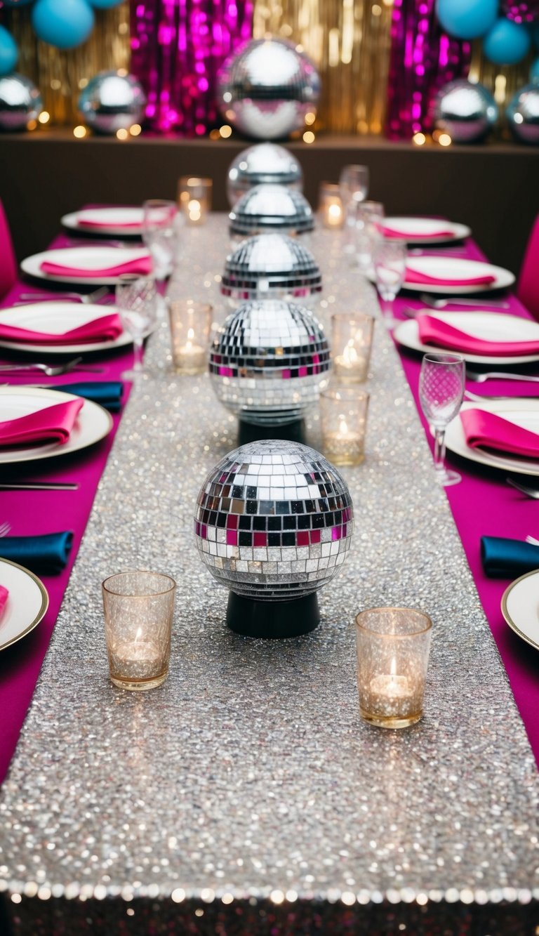 A glittery table runner sparkles on a disco-themed table, surrounded by retro decor and disco ball centerpieces