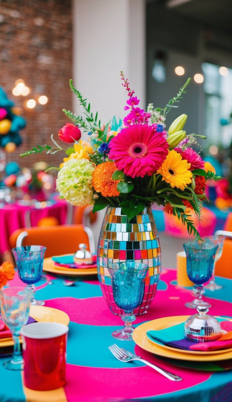 A colorful disco-themed table with vibrant floral arrangements and retro decor