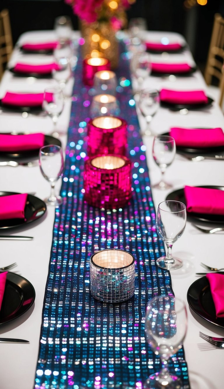 A glitzy disco-themed table with vibrant table runners and sparkling decorations