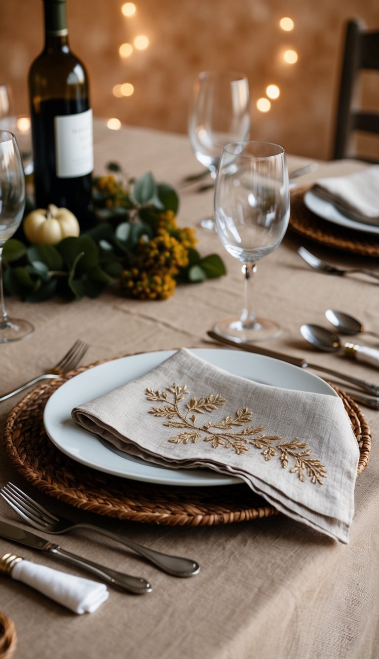 A Tuscan tablescape with embroidered linen napkins, rustic yet elegant, set against warm earthy tones