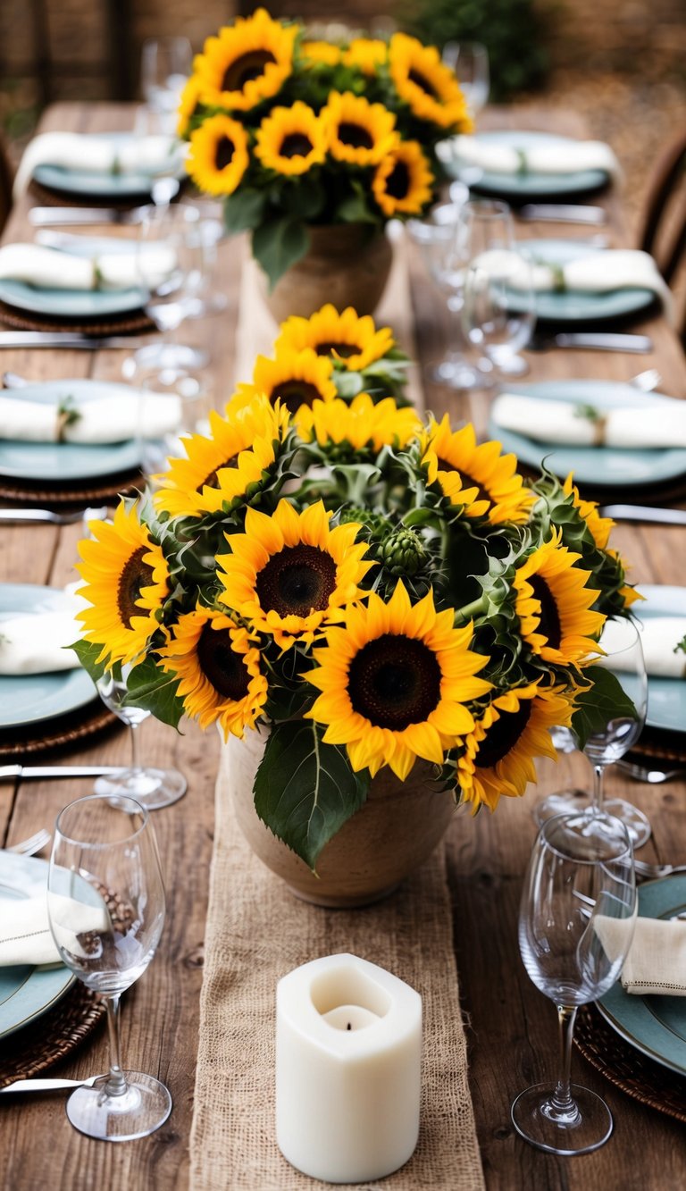 A Tuscan tablescape adorned with sunflower bouquets exudes rustic elegance
