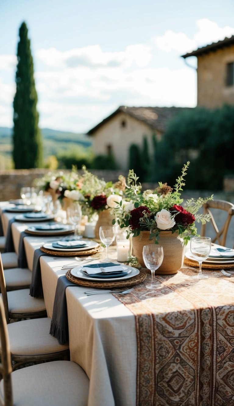 A rustic Tuscan tablescape with patterned tablecloths and rich textures