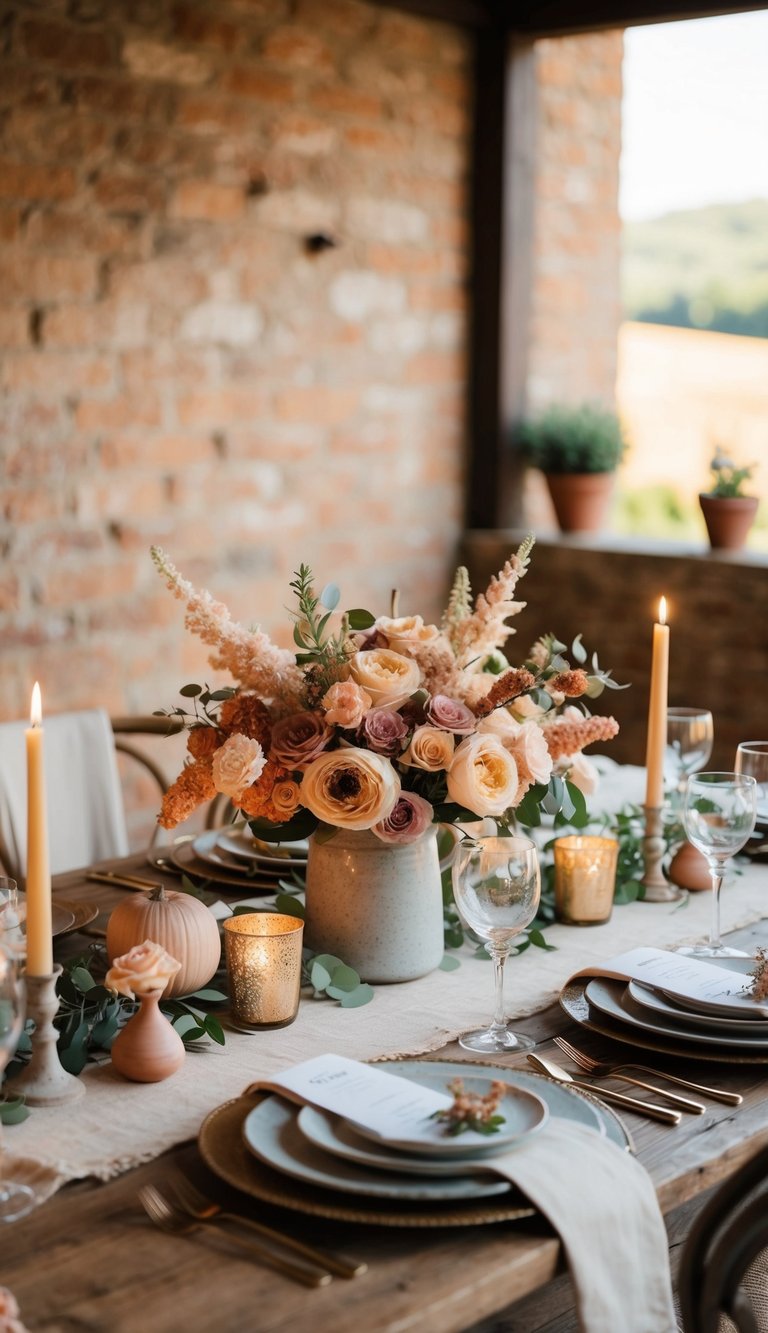 A rustic Tuscan tablescape with warm, pastel floral arrangements