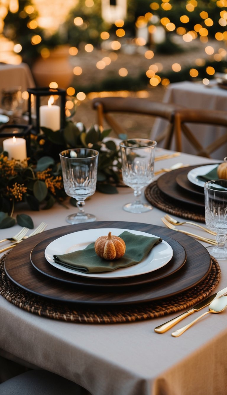 A Tuscan tablescape with dark wood chargers, warm earthy tones, and rustic elegance