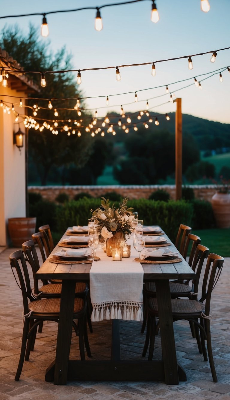 An outdoor dining space with warm string lights and rustic Tuscan tablescape