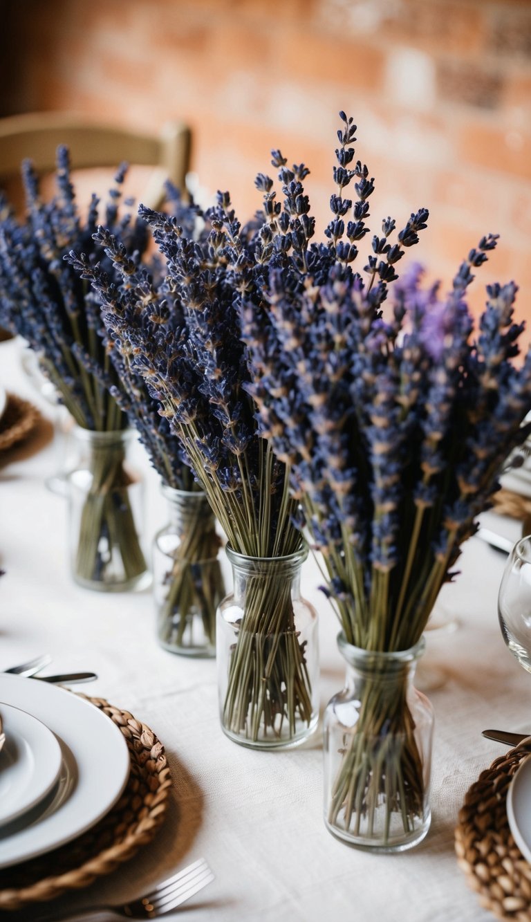 Dried lavender bunches adorn table corners in a rustic Tuscan tablescape