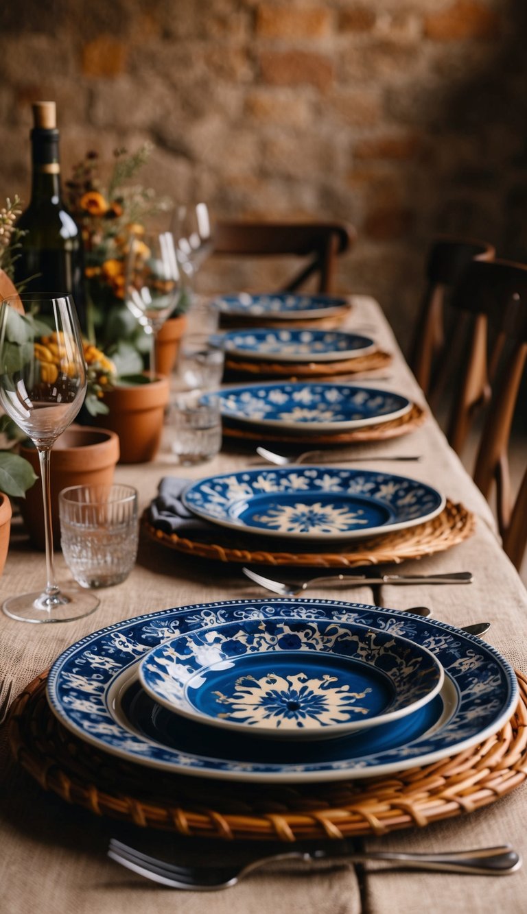 Ceramic tiles serve as hot plates on a rustic Tuscan tablescape, adorned with warm earthy tones