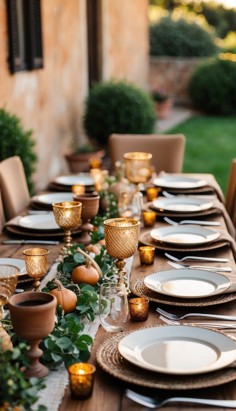 A Tuscan tablescape with warm earthy tones, featuring rustic yet elegant elements