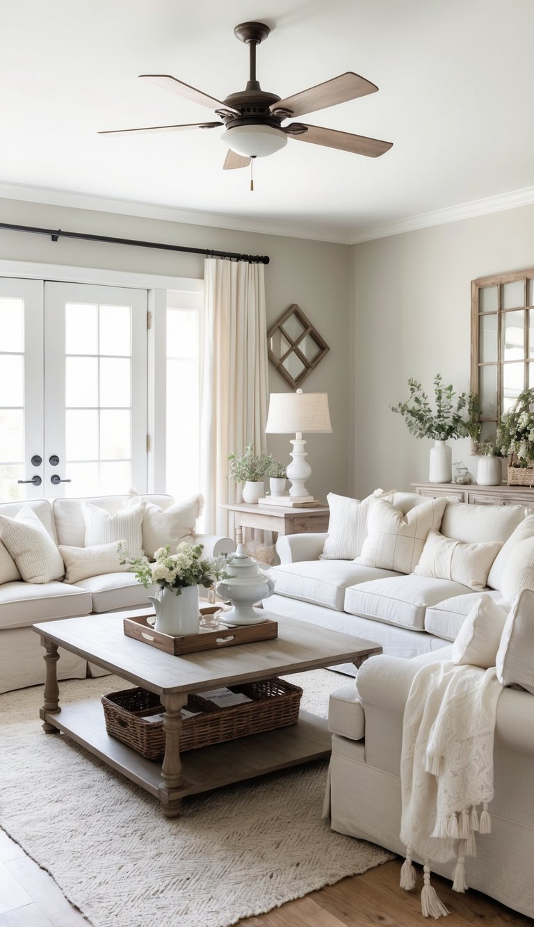 A cozy farmhouse living room with vintage decor and neutral tones