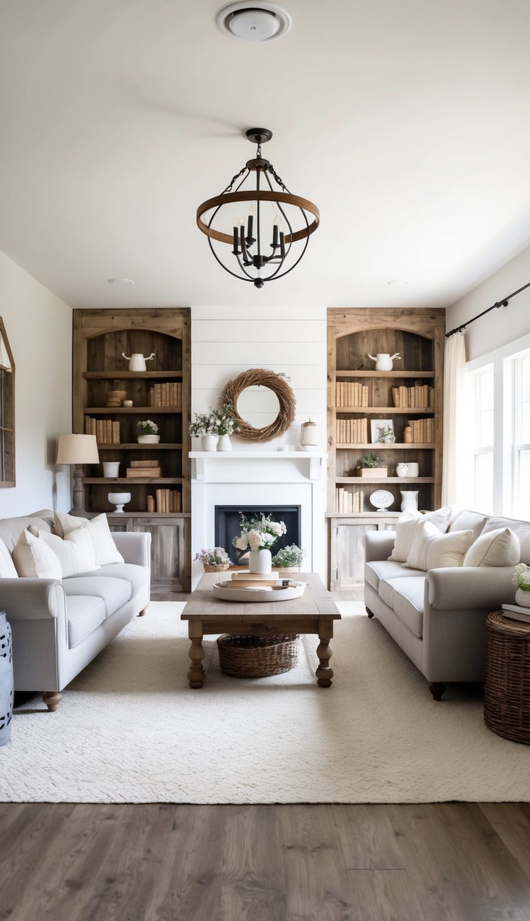 A cozy farmhouse living room with rustic bookshelves, vintage decor, and neutral tones