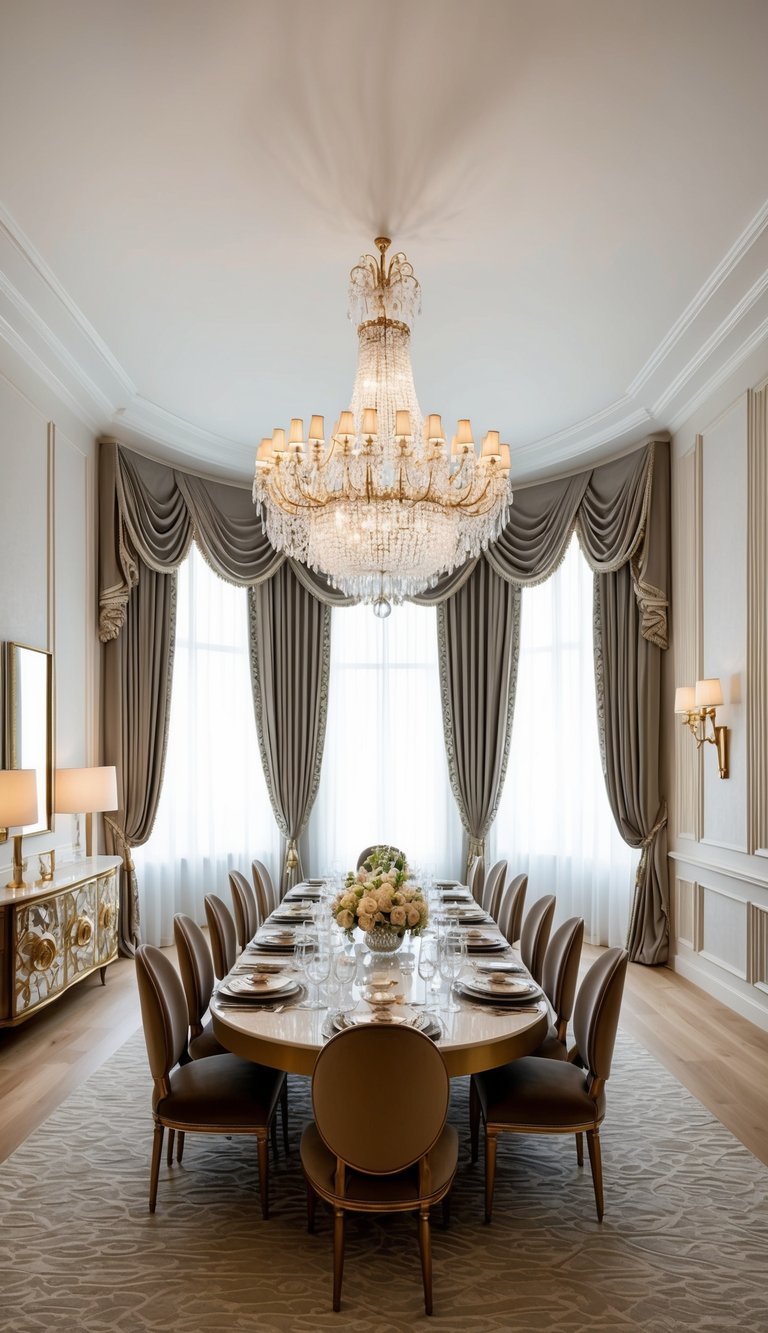 A grand dining room with opulent table settings, sparkling chandelier, and luxurious drapery