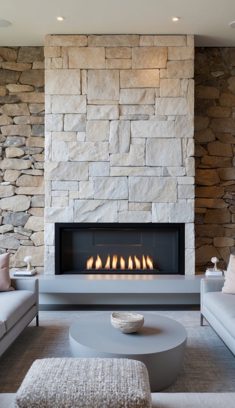 A modern stone fireplace set against a rustic fieldstone wall, creating a sleek and sculptural focal point in the room
