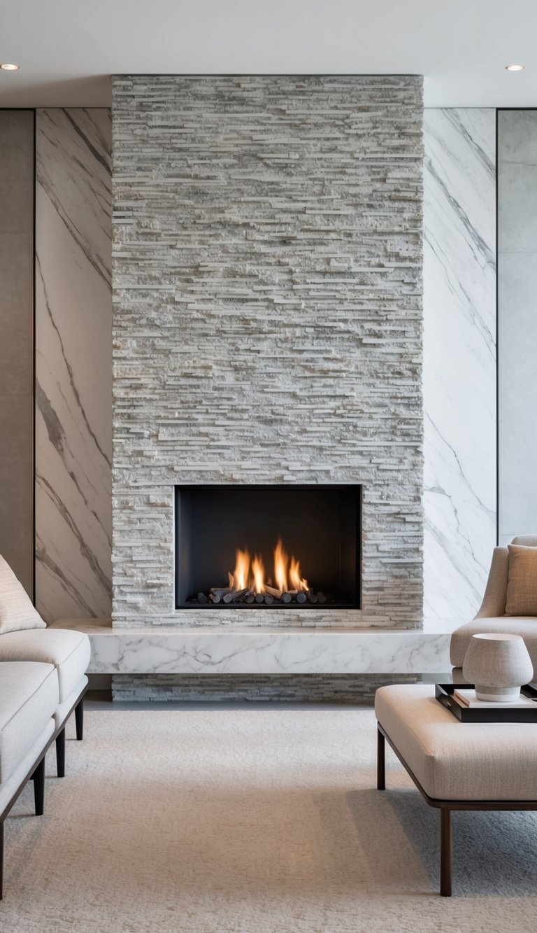 A modern stone fireplace made of textured tumbled marble, set against a sleek, minimalist backdrop of concrete and marble