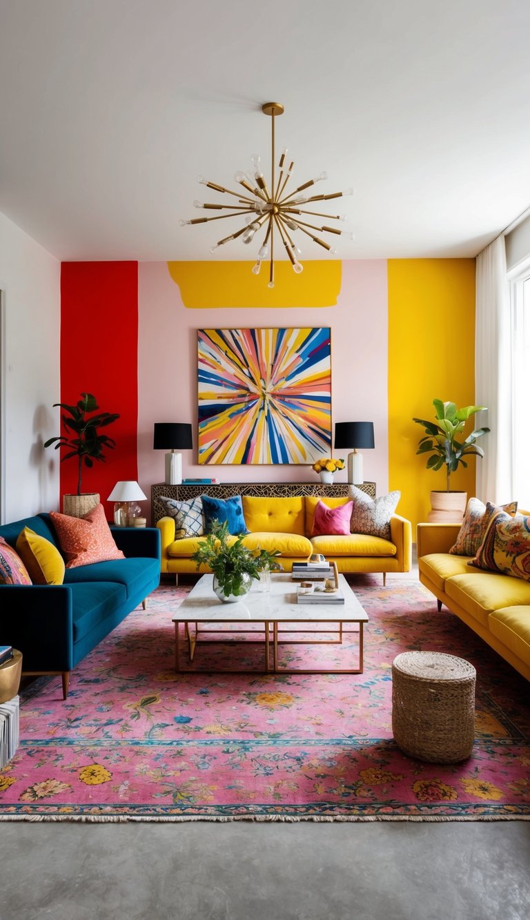 A vibrant living room with bold color splashes, eclectic furniture, and a mix of textures and styles