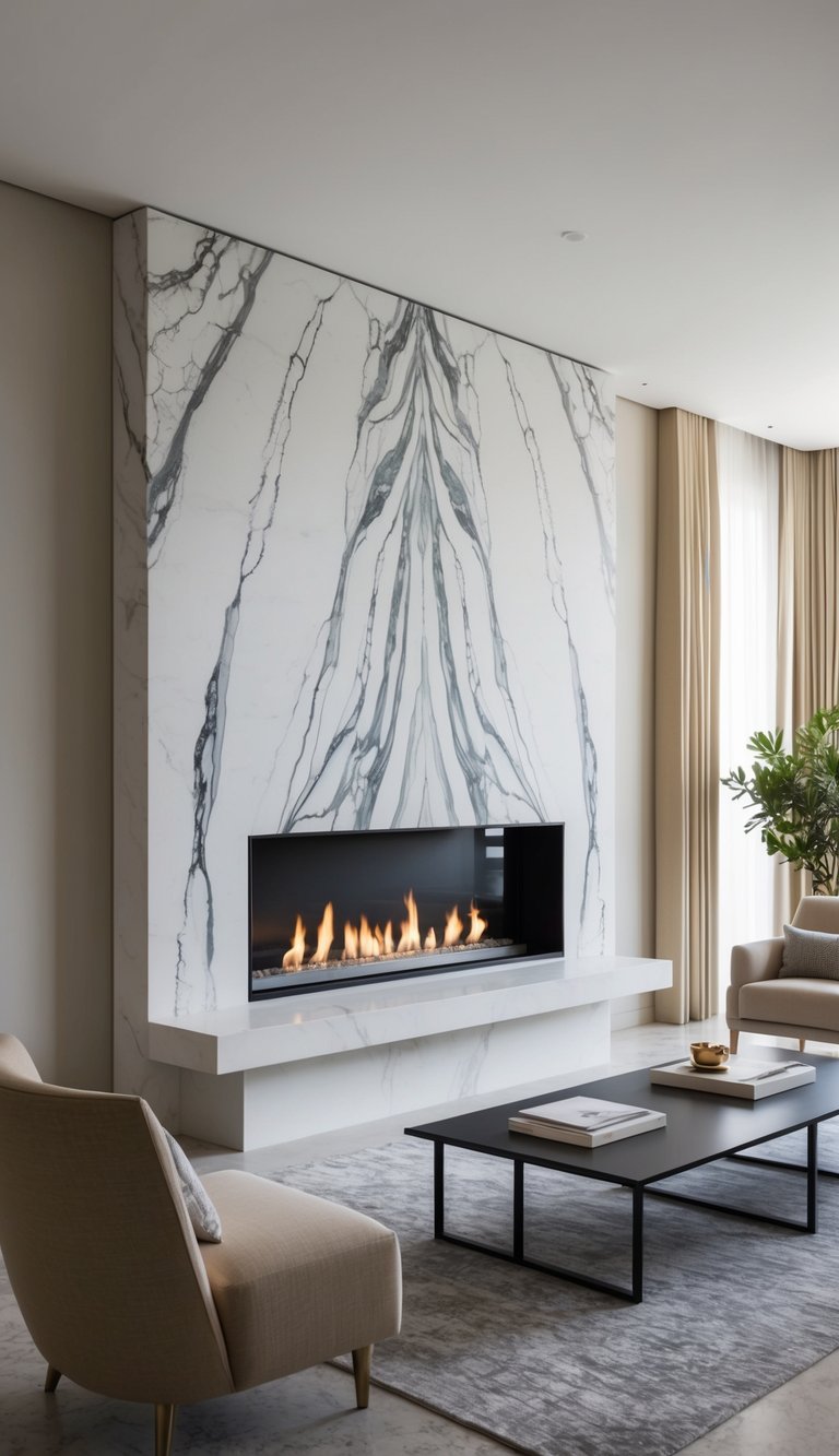 A modern stone fireplace with sleek, sculptural design using Art Deco marble veins