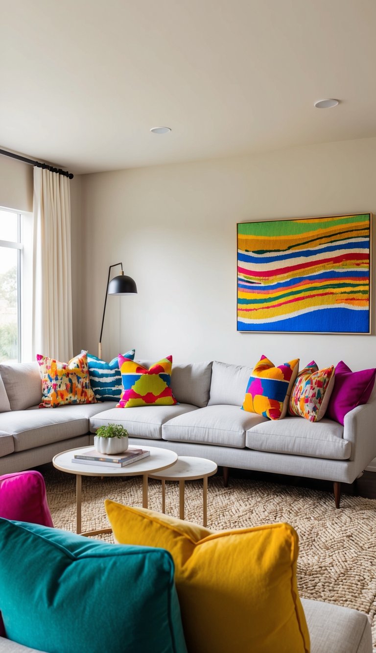 A cozy living room with vibrant throw pillows in bold colors and eclectic patterns, creating a lively and inviting atmosphere