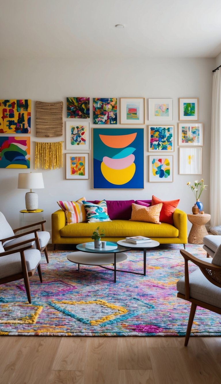 An eclectic living room with vibrant colors, diverse textures, and an array of art pieces adorning the walls