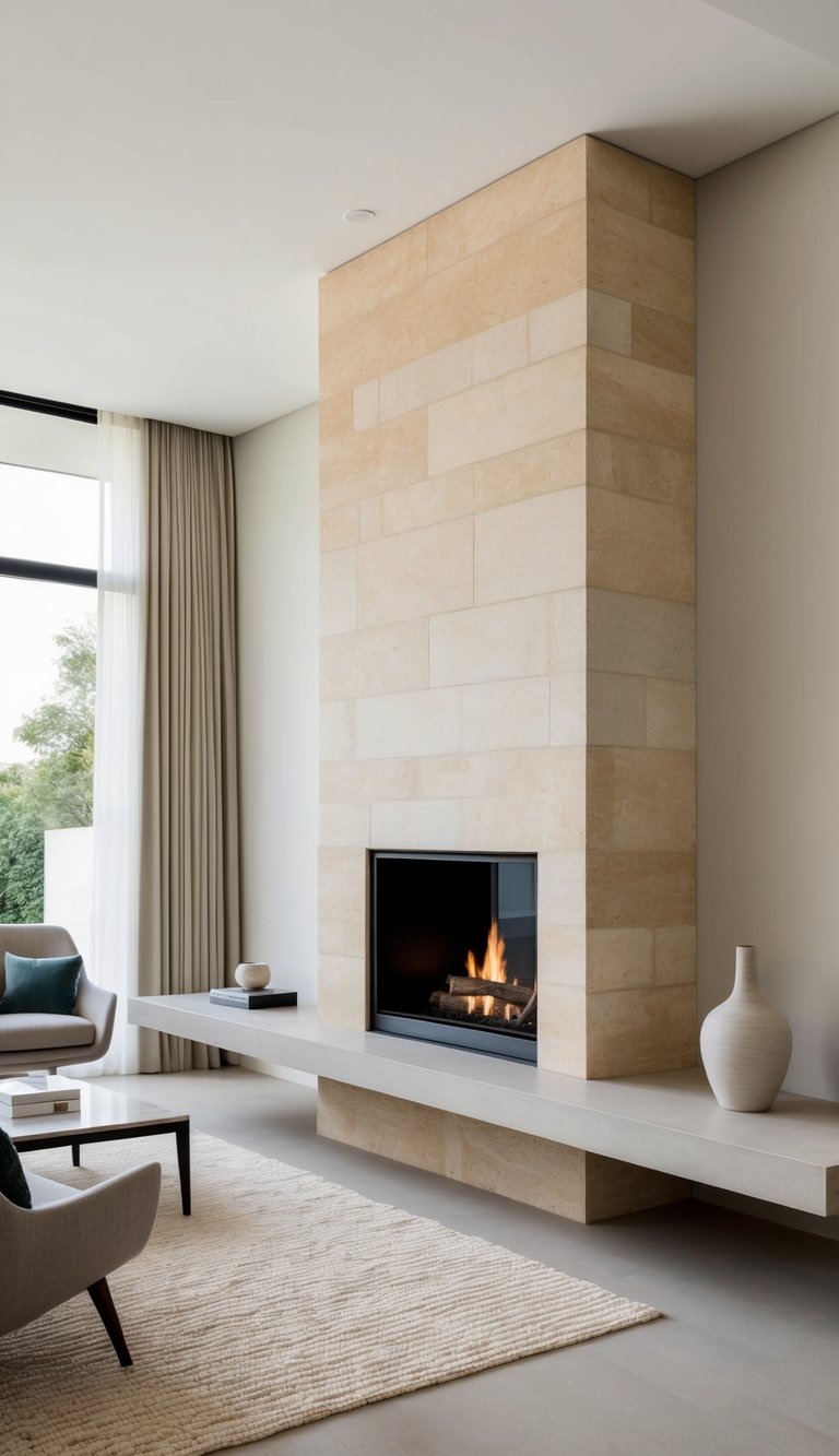 A modern stone fireplace with warm beige limestone and sleek, sculptural design, possibly incorporating concrete or marble