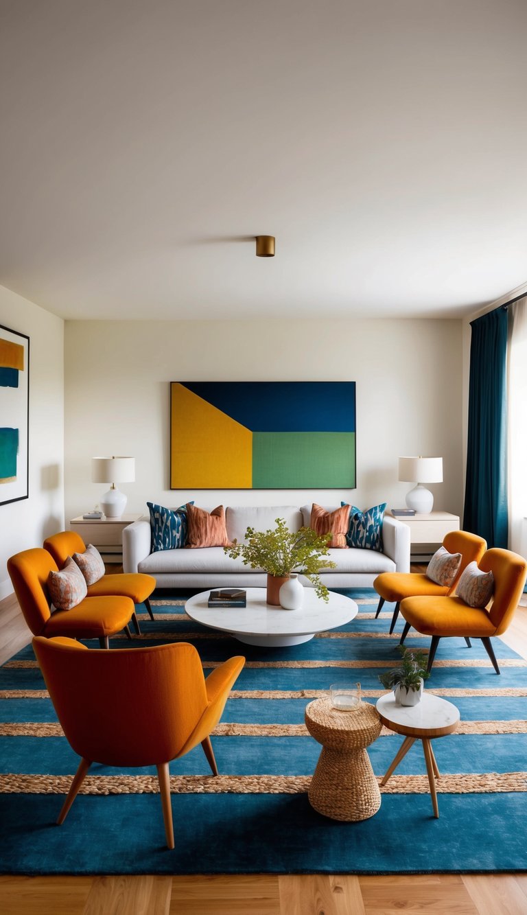 An eclectic living room with bold color and texture mixes