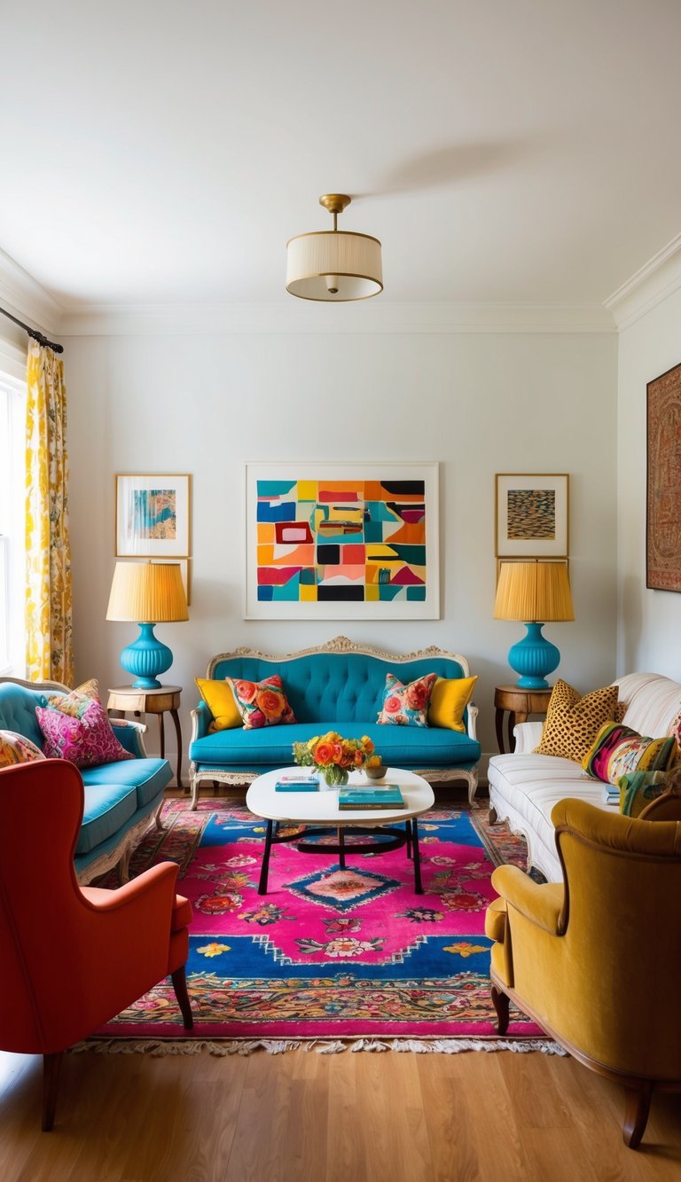 A cozy living room with vintage furniture, vibrant colors, and a mix of patterns. Eclectic decor includes retro lamps, bold rugs, and unique artwork
