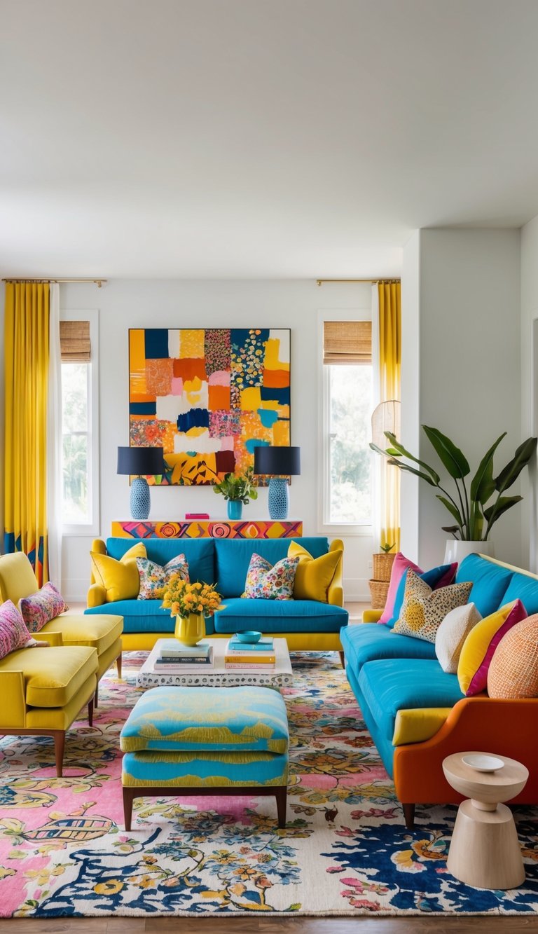 A vibrant living room with a mix of bold colors, patterns, and textures in eclectic furniture and decor