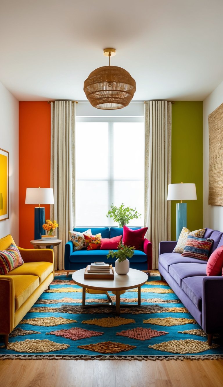 A vibrant living room with bold color combinations, eclectic textures, and diverse styles