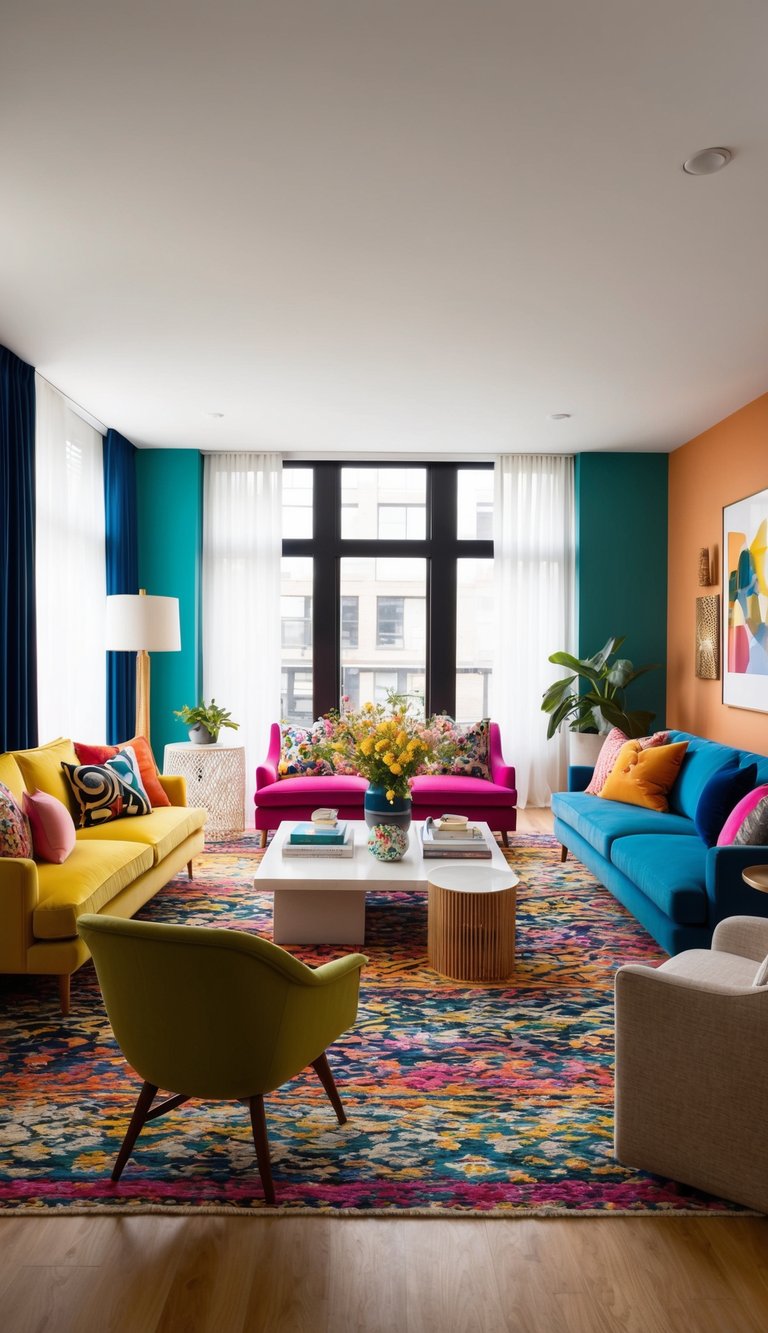 A vibrant living room with a mix of bold colors, textures, and styles, featuring eclectic furniture and decor