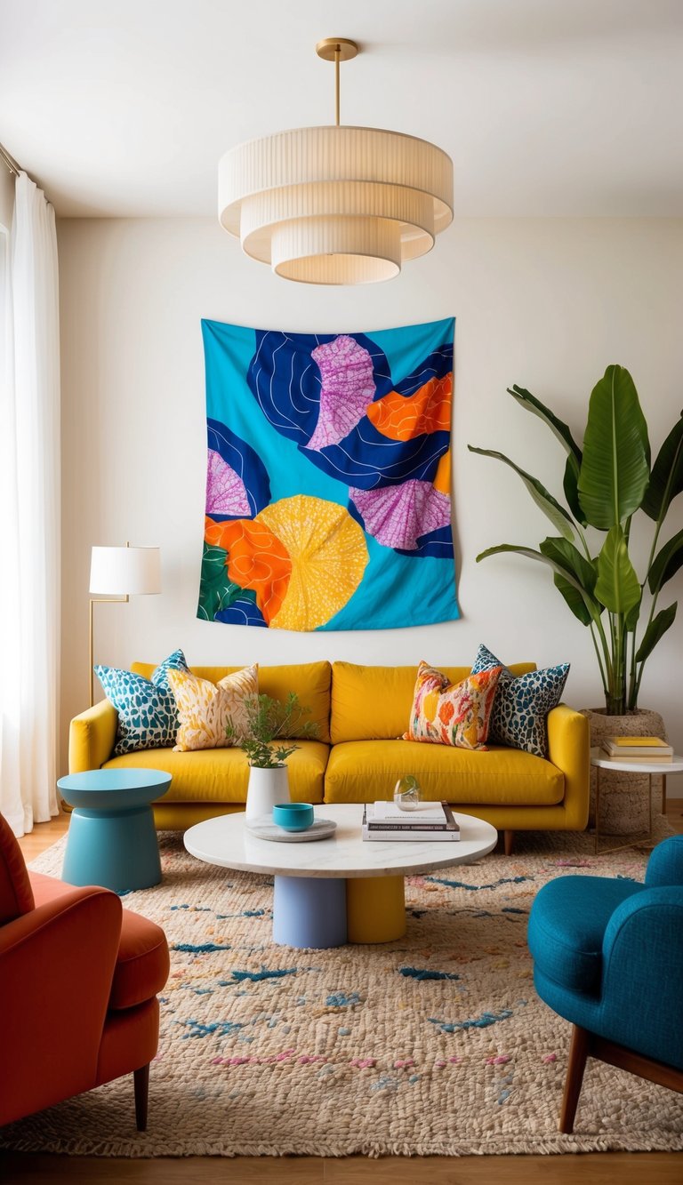 Vibrant fabric art hangs in an eclectic living room, blending bold colors and textures