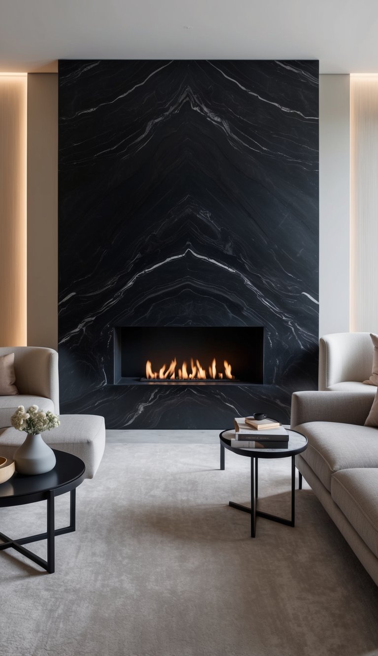 A sleek black marble fireplace with a matte finish, creating a moody and elegant focal point in the room