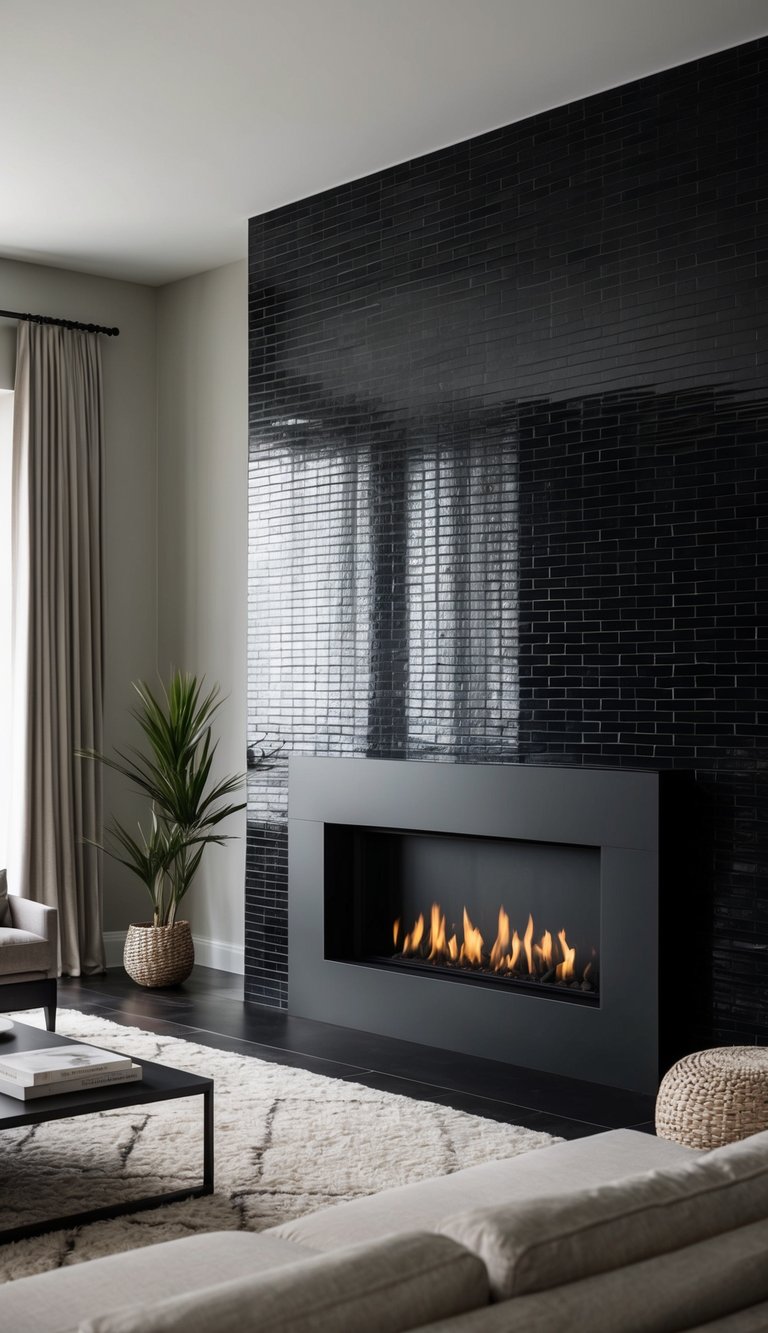 A sleek, matte black fireplace set against a moody, dramatic backdrop, using black tiles for a modern twist