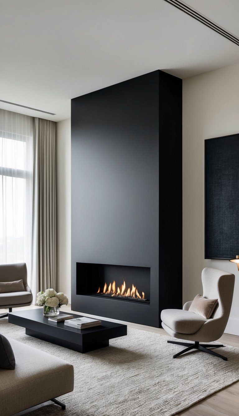 A sleek black fireplace stands as a moody, dramatic focal point with a matte finish, exuding sophistication and elegance