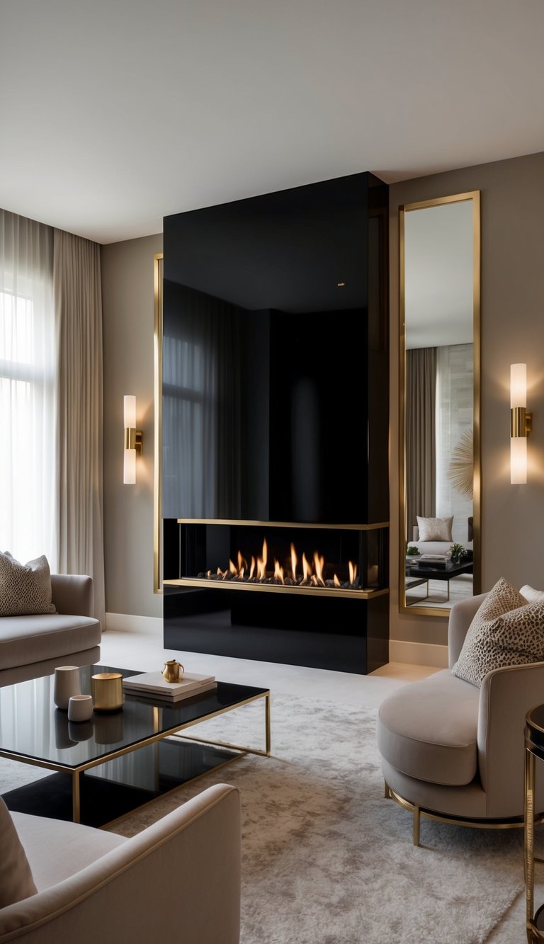 A sleek black fireplace with gold accents stands as a moody, dramatic focal point in a luxurious setting