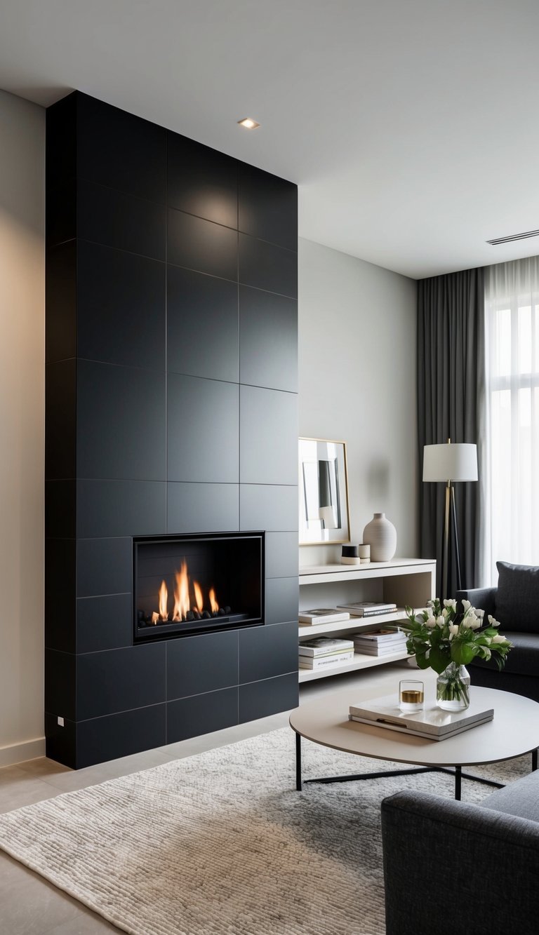 A sleek black fireplace with matte ceramic tiles, creating a moody and dramatic focal point in the room