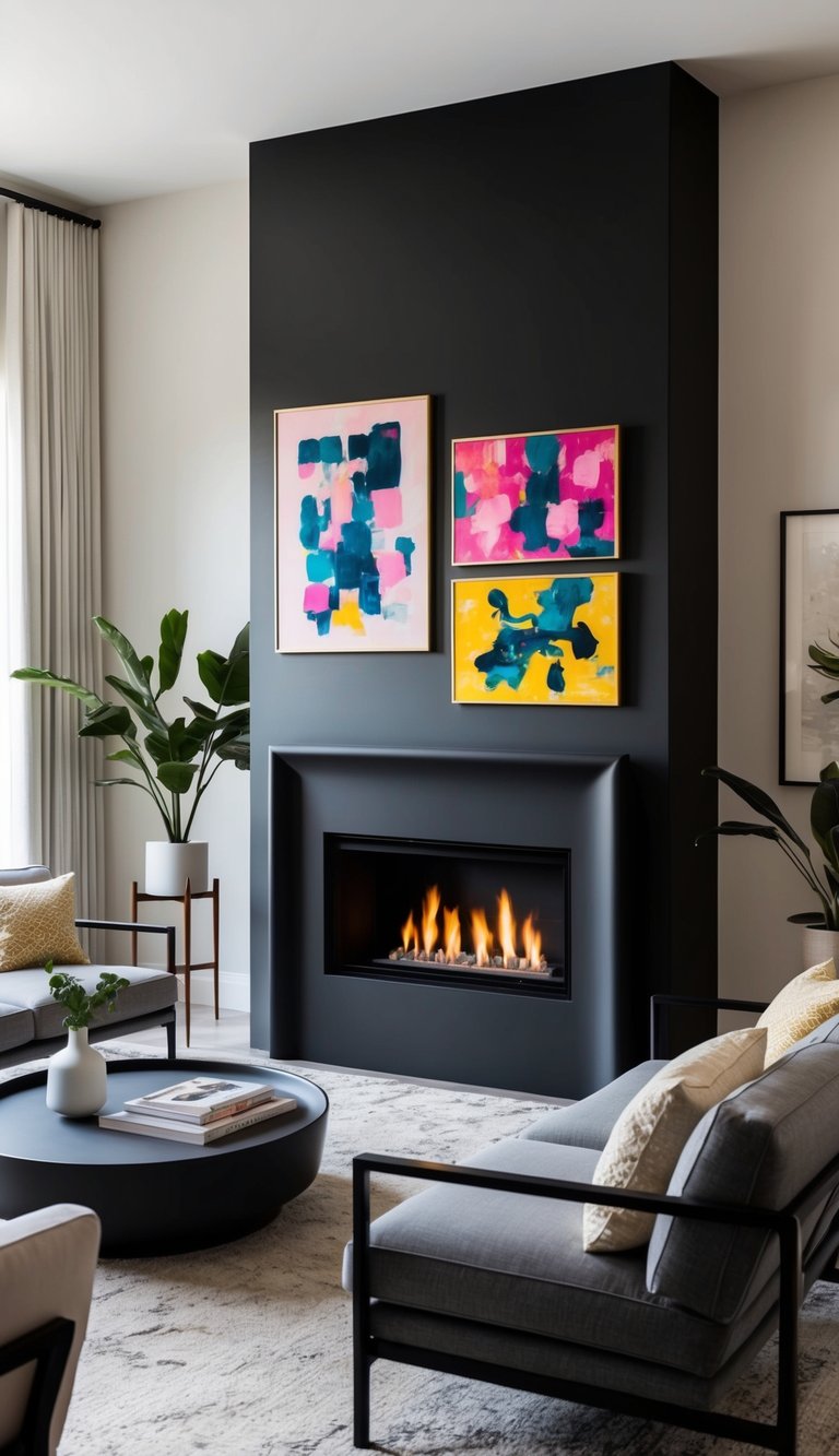 A matte black fireplace adorned with vibrant art pieces, creating a moody and dramatic focal point