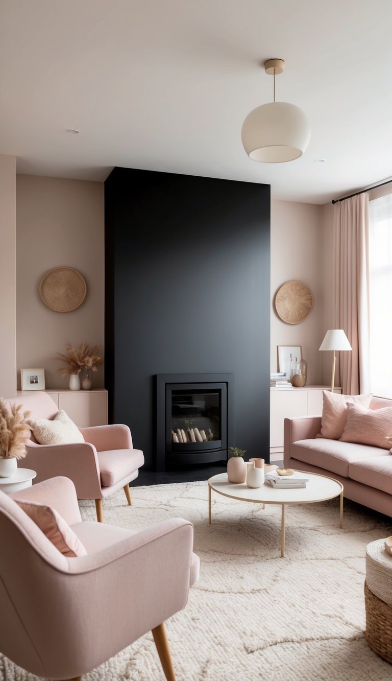 A cozy living room with a matte black fireplace, surrounded by pastel-colored furniture and decor, creating a soft and moody atmosphere