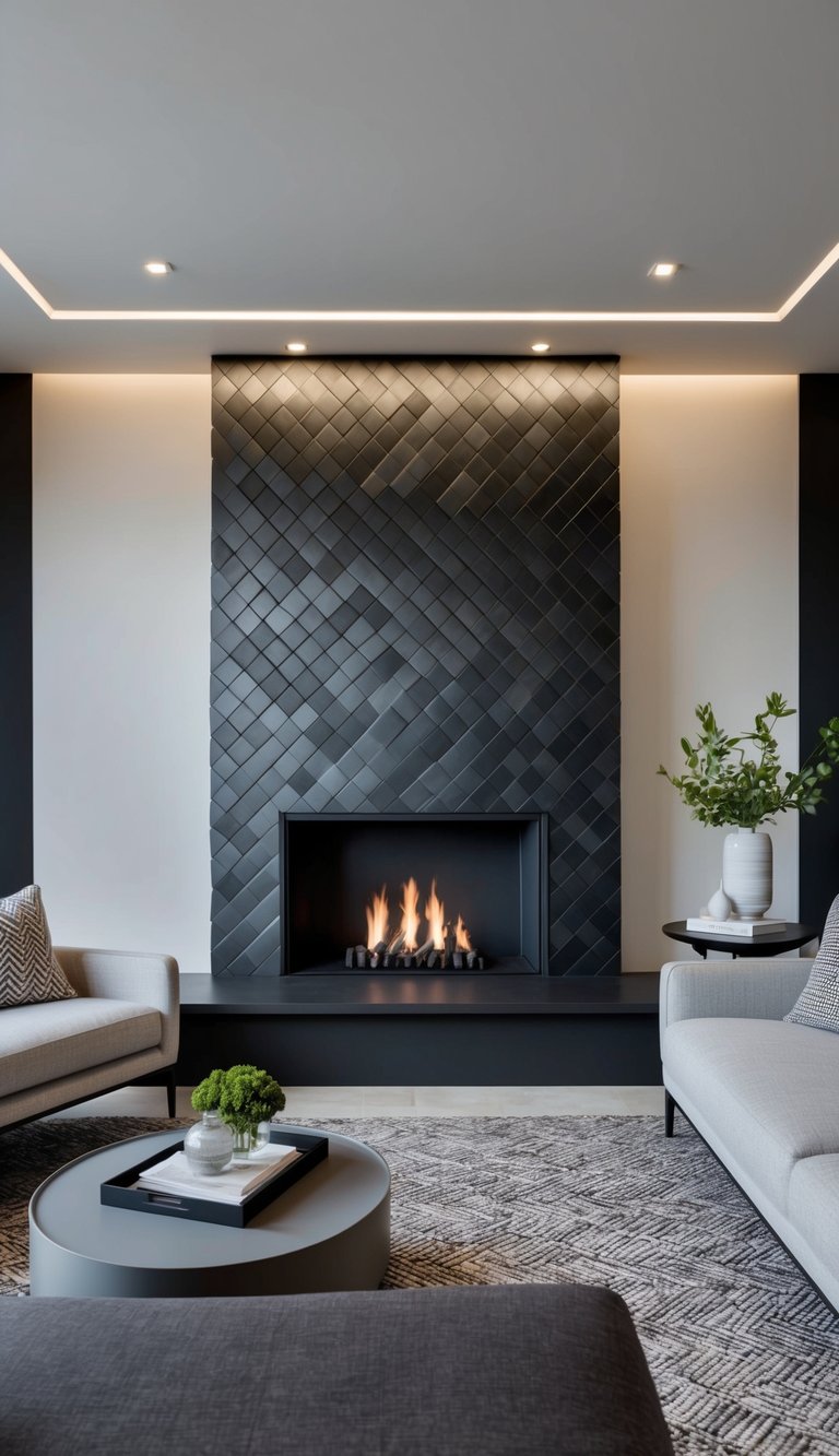 A dark, moody fireplace with matte black diamond tiles as the focal point, creating a dramatic and unique design