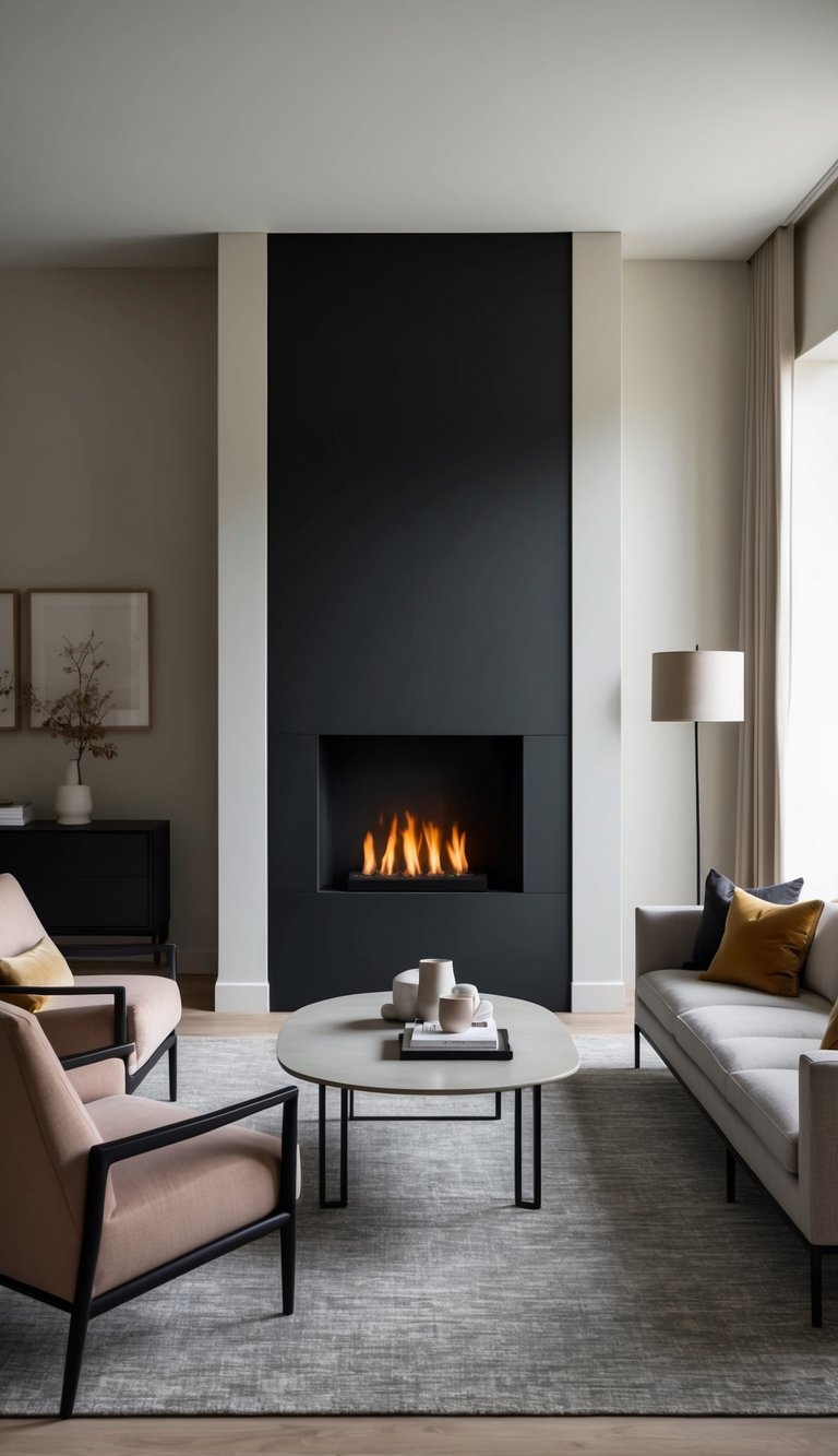 A moody, dramatic fireplace with matte black finishes and minimalistic design