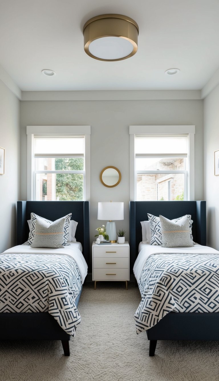 Two beds with geometric-printed bedding in a shared bedroom with stylish and functional decor