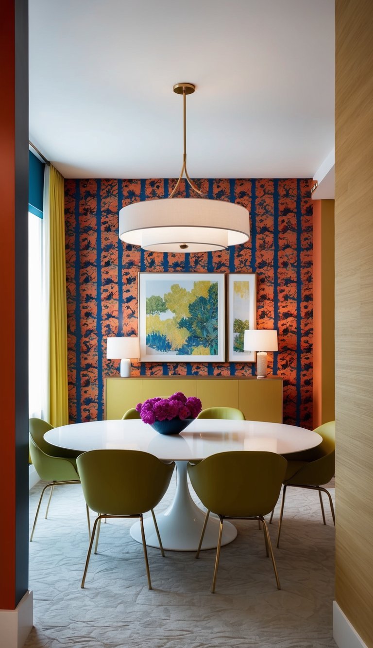 A bold dining room with large scale wallpaper patterns, dramatic lighting, and vibrant colors